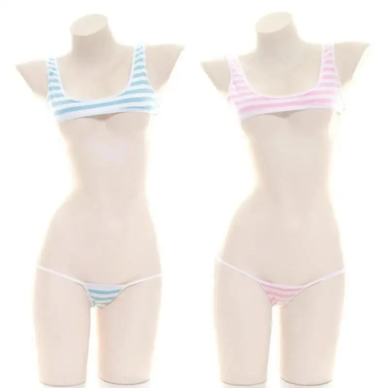 Anime Cosplay Bikini - Sexy japanischer Stil, blau-weiß gestreifter Bikini-Badeanzug,